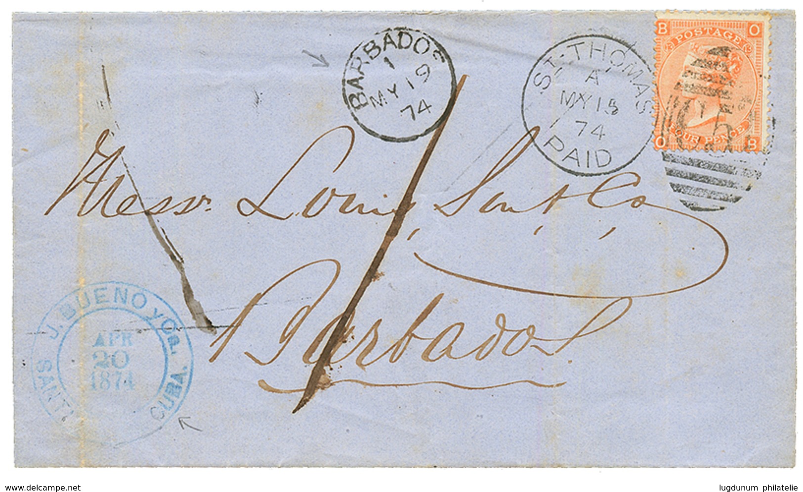 "CUBA Via DANISH WEST INDIES To BARBADOS" : 1874 4d Canc. C51 + ST THOMAS PAID + "1" Tax Marking + BARBADOS Cds On Cover - Sonstige & Ohne Zuordnung