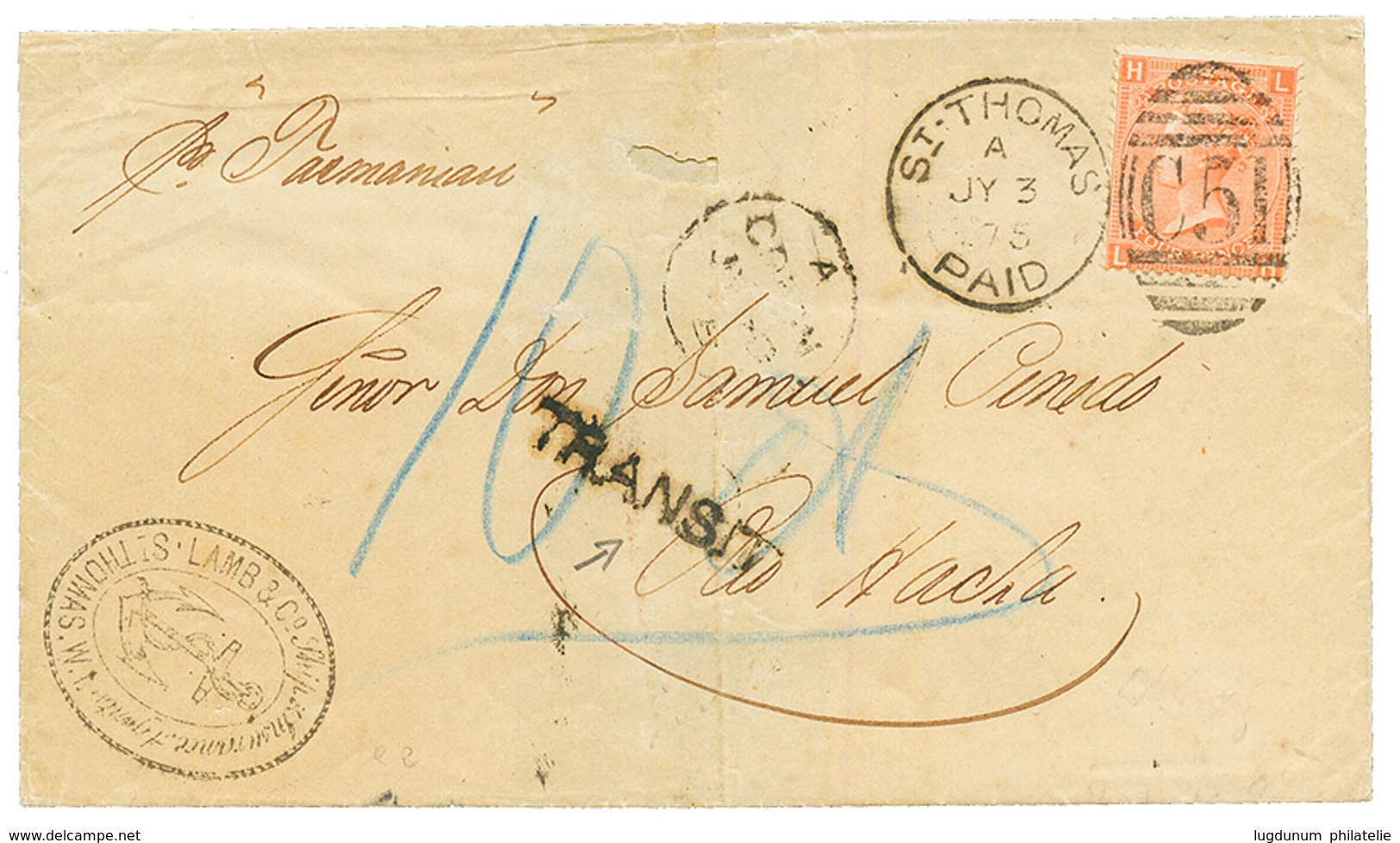 DANISH WEST INDIES : 1875 4d Canc. C51 + ST THOMAS PAIS + Rare TRANSIT Mark + COLON On Cover To RIO ACHA. Vvf. - Sonstige & Ohne Zuordnung