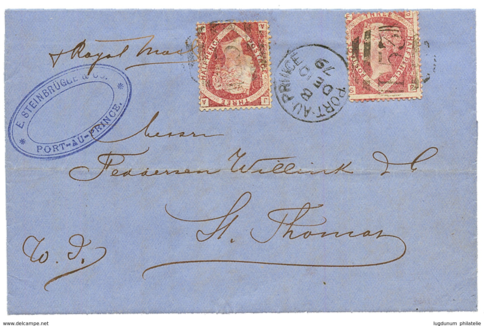 "PORT AU PRINCE" : 1879 1 1/2d (x2) Canc. F53 + PORT AU PRINCE On Entire Letter To ST THOMAS With Arrival Cds. RARE. Vvf - Sonstige & Ohne Zuordnung