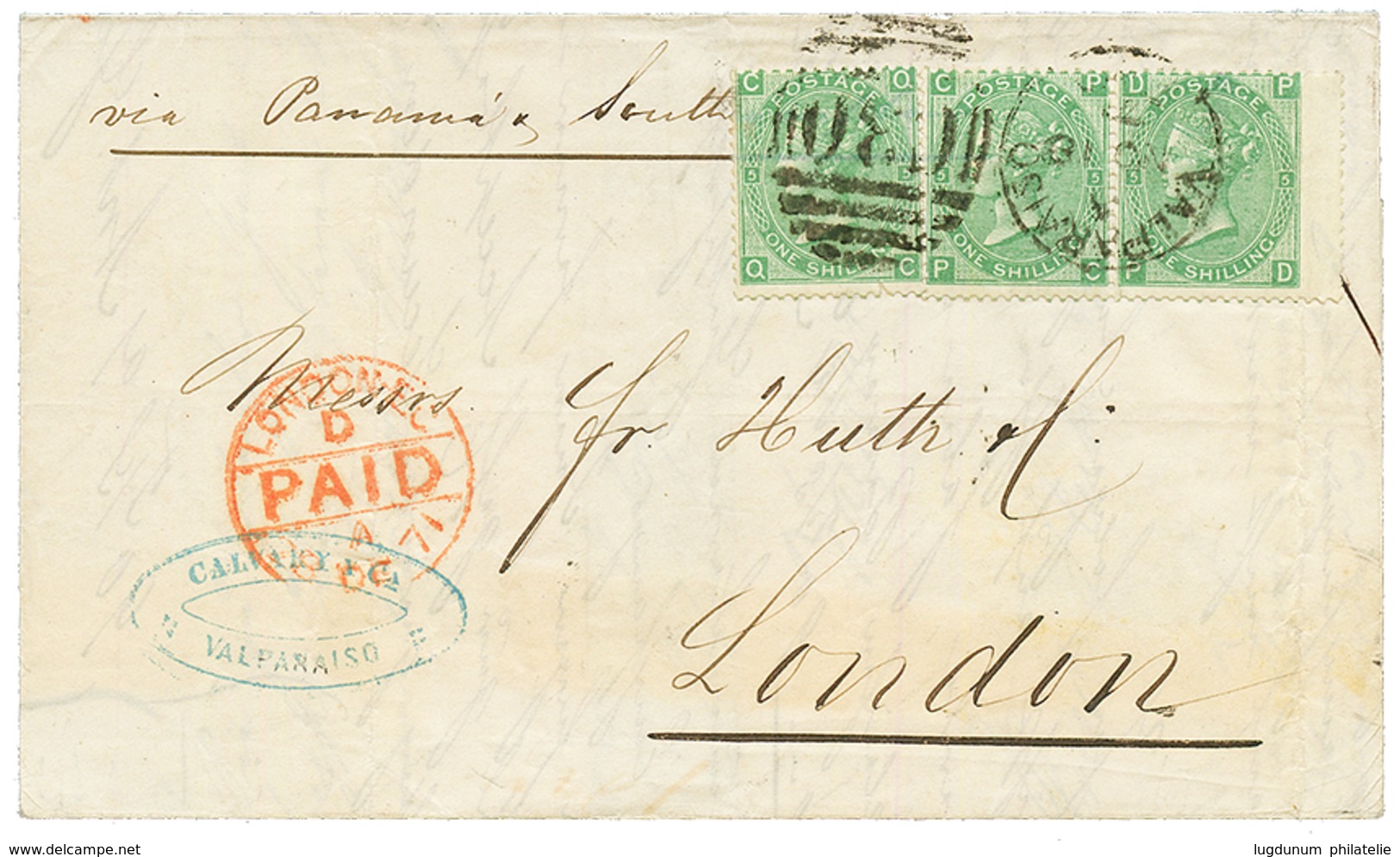 "VALPARAISO" : 1871 GB 1 SCHILLING (x3) Canc. C30 + VALPARAISO On Entire Letter To LONDON. Triple Rate. Vvf. - Sonstige & Ohne Zuordnung