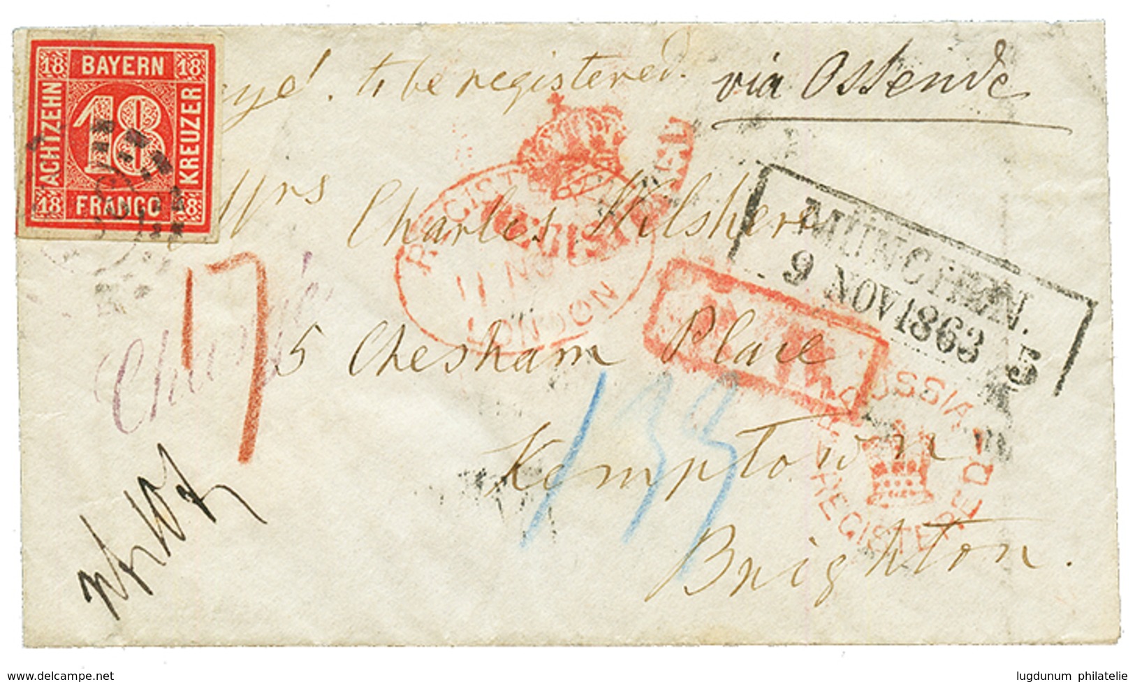 BAVARIA : 1863 18k Canc. 325 + MUNCHEN + CHARGE + Crown PRUSSIA REGISTERED On Entire Letter To BRIGHTON (ENGLAND). STEGM - Sonstige & Ohne Zuordnung