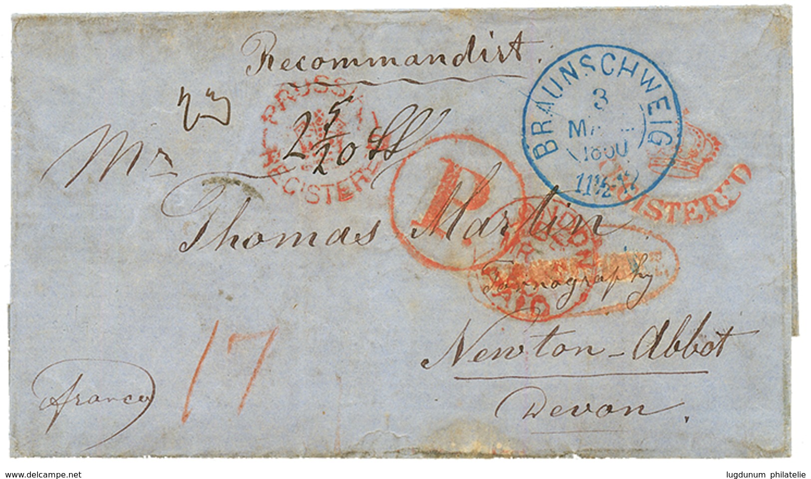 BRAUNSCHWEIG : 1860 Crown Cachet PRUSSIA REGISTERED + BRAUNSCHWEIG In Blue On REGISTERED Cover To NEWTON-ABBOT (ENGLAND) - Sonstige & Ohne Zuordnung