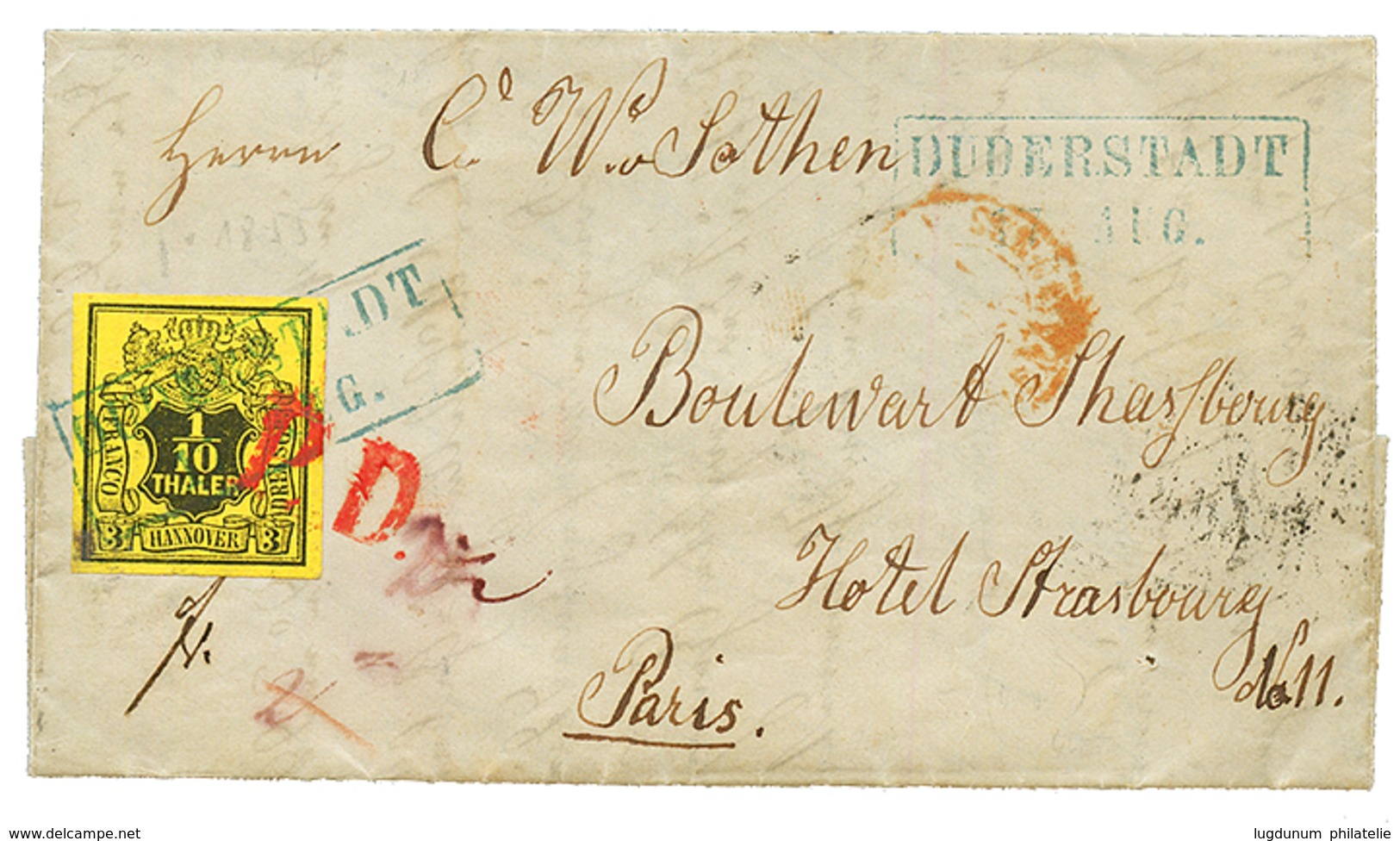 HANNOVER : 1855 1/10th With Nice Margins Canc. DUDERSTADT In Blue On Entire Letter To PARIS (FRANCE). Superb. - Sonstige & Ohne Zuordnung