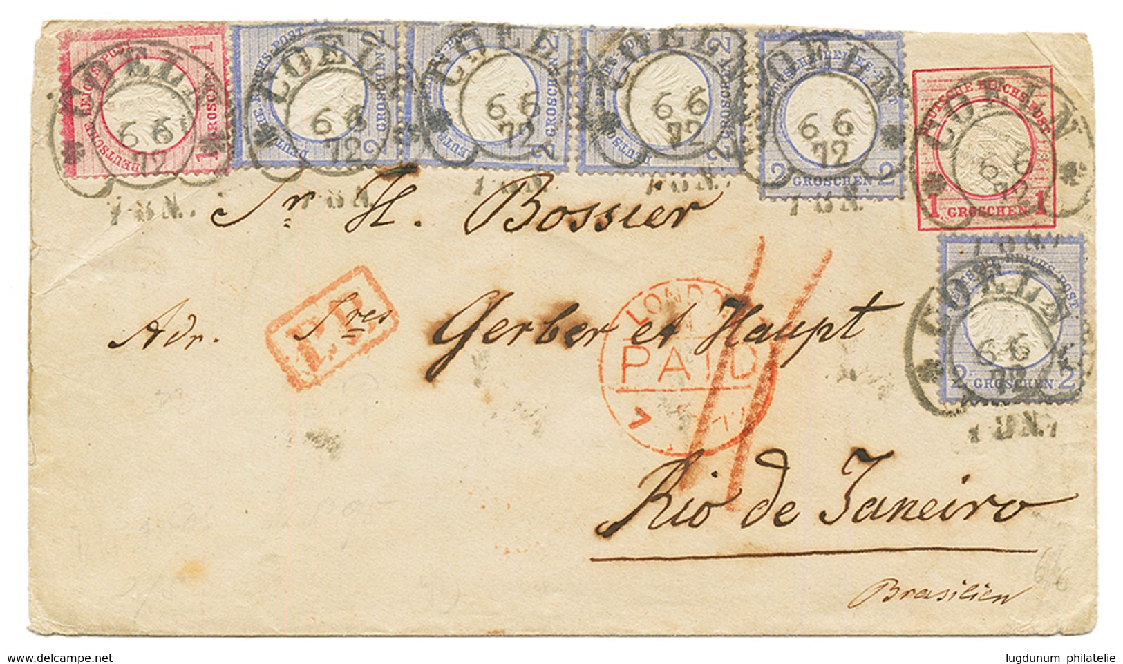 GERMANY To BRAZIL : 1872 P./Stat 1g + 1g + 2g (x5) Canc. COELN To RIO DE JANEIRO (BRAZIL). Some Faults But Very Rare Des - Sonstige & Ohne Zuordnung