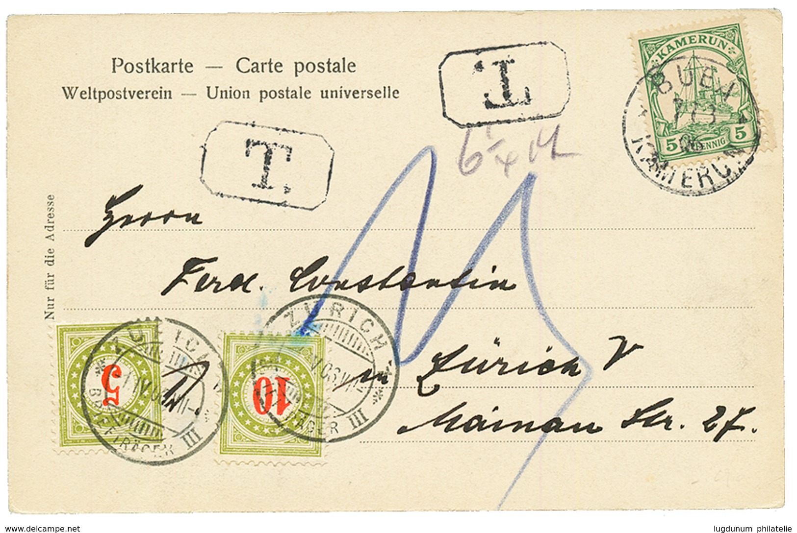 1906 5pf Canc. BUEA KAMERUN + POSTAGE DUES From SWITZERLAND 5c + 10c On Card To ZURICH. Vvf. - Cameroun