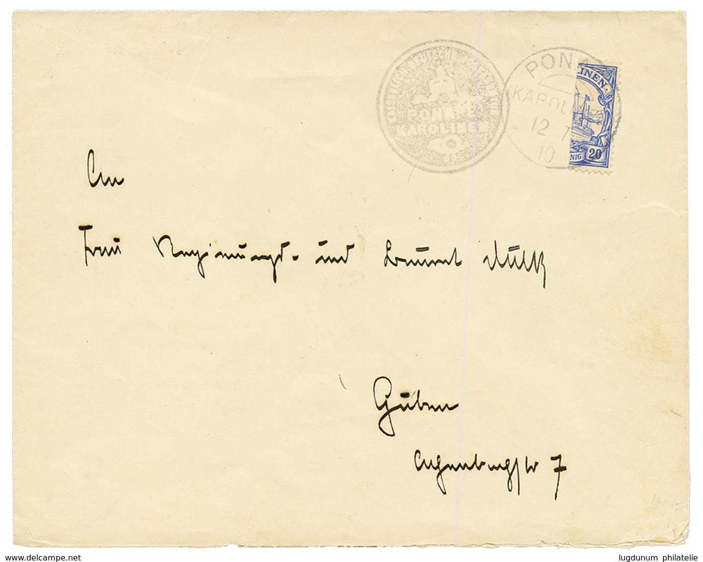 CAROLINES ISLANDS : 1910 Bisect 20pf (n°10H) Canc. PONAPE On Envelope To GERMANY. BOTHE Certificate (1981). RARE. MICHEL - Karolinen