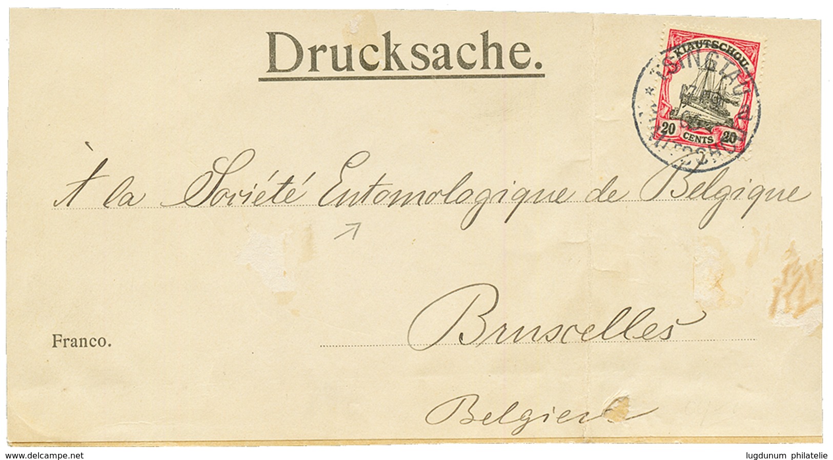 "SOCIETE ENTOMOLOGIE De BELGIQUE" : 1906 KIAUTSCHOU 20c Canc. TSINGTAU On PRINTED MATTER Label (FRONT Only) Of PARCEL To - Kiauchau