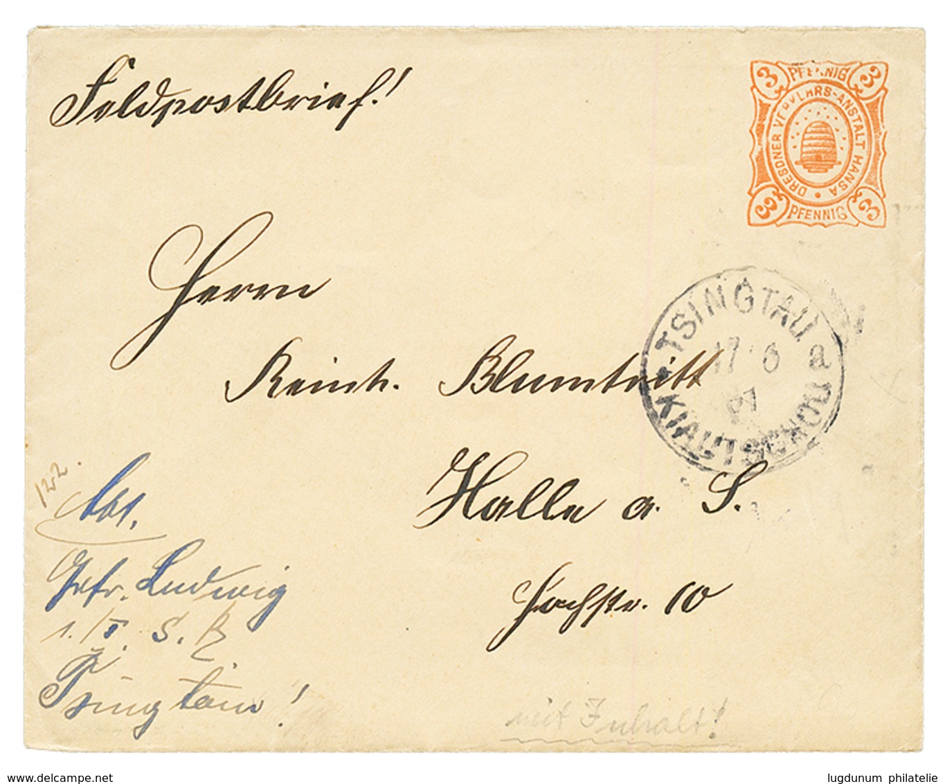 1901 POSTAL STATIONERY Envelope "DRESDNER" LOCAL POST 3pf Canc. TSINGTAU KIAUTSCHOU To GERMANTY. Full Text Included. Vvf - Kiautschou