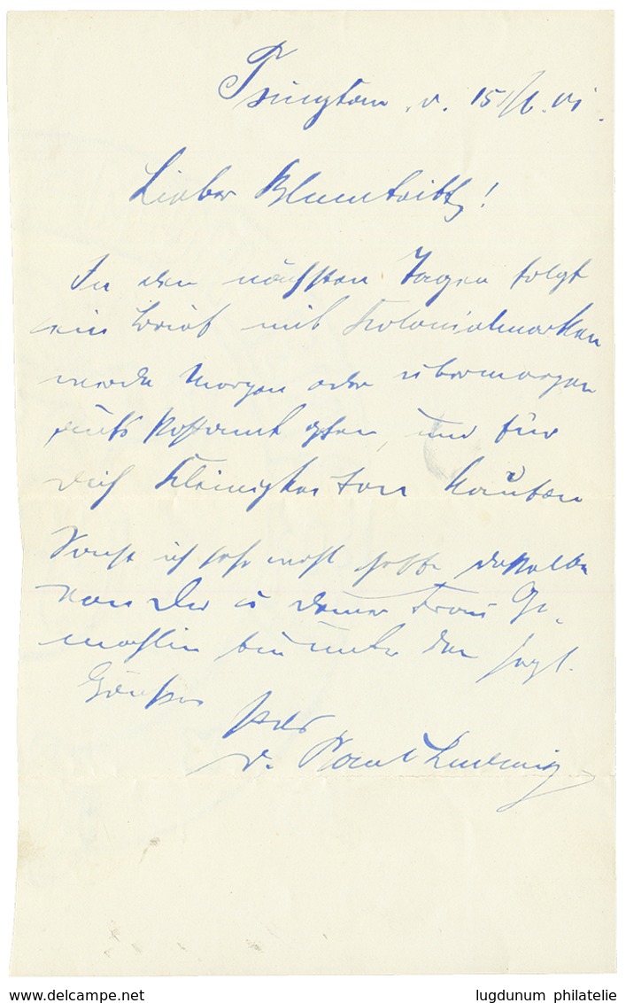 1901 POSTAL STATIONERY Envelope "DRESDNER" LOCAL POST 3pf Canc. TSINGTAU KIAUTSCHOU To GERMANTY. Full Text Included. Vvf - Kiautschou