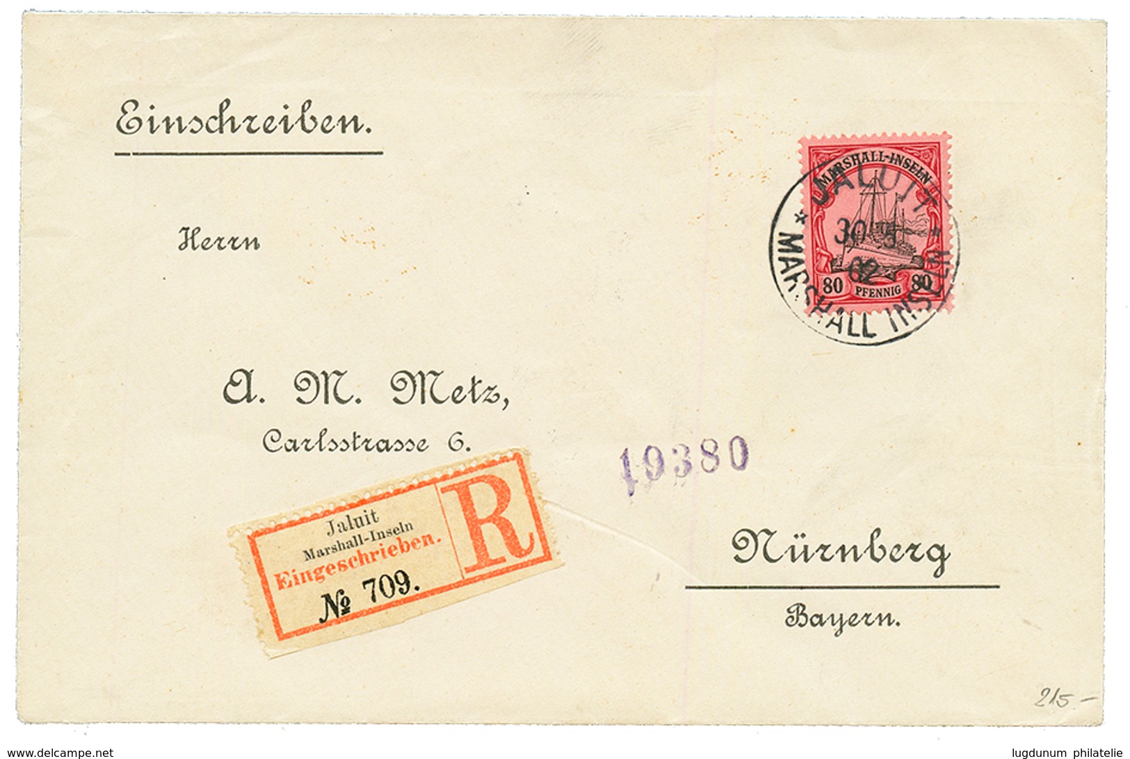 1902 80pf Canc. JALUIT MARSHALL INSELN On REGISTERED Envelope To NÜRNBERG. Superb. - Marshall-Inseln