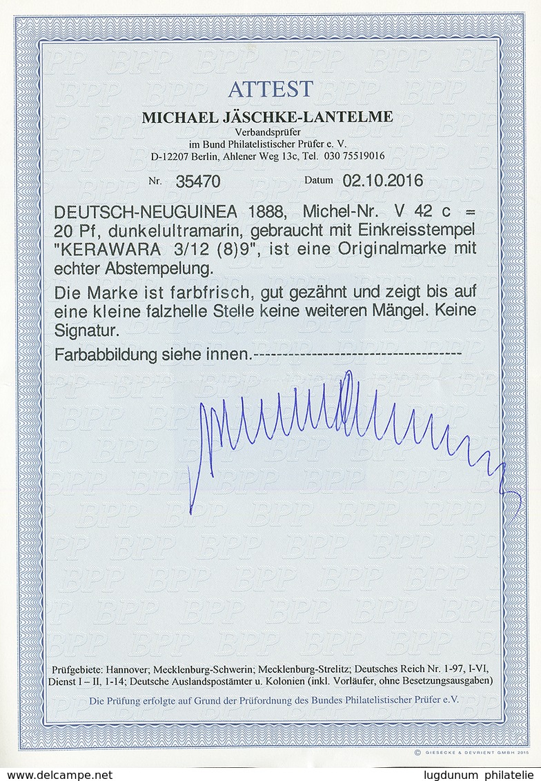 VORLAUFER : GERMANY 20pf (n°42c) Canc. KERAWARA. Scarce. JÂSCHKE-LANTELME Certificate (2016). Superb. - Deutsch-Neuguinea