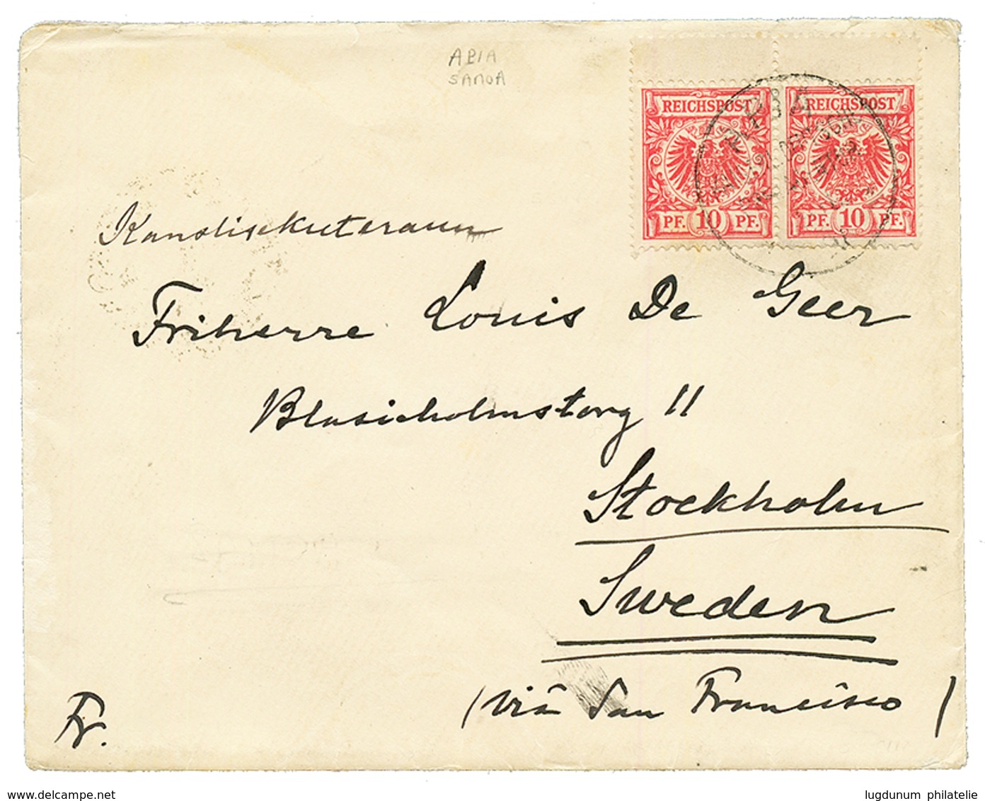 VORLAUFER : 1892 Pair Of 10pf Canc. APIA On Envelope To STOCKHOLM ( SWEDEN ). Rare Destination. Vf. - Samoa