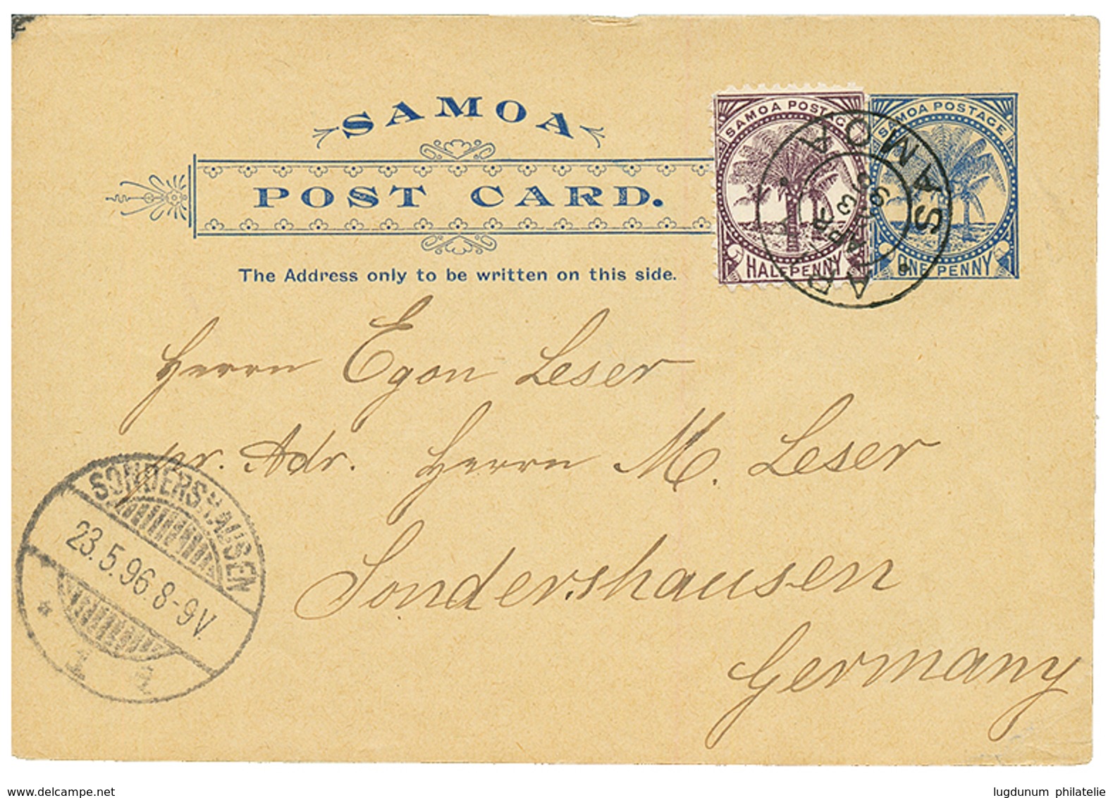 SAMOA - DAVIS POST : 1895 P./Sta 1d Blue + 1/2d Canc. APIA SAMOA To GERMANY With Arrival Cds. Michel = 750€. Vvf. - Samoa