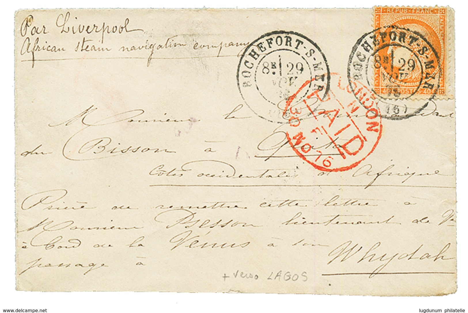 "Destination QUITTA Via WHYDAH DAHOMEY" : 1876 FRANCE 40c Canc. ROCHEFORT On Envelope To QUITA Via WHYDAH. Verso, Superb - Côte D'Or (...-1957)