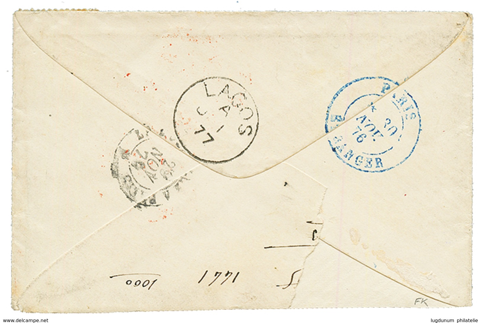 "Destination QUITTA Via WHYDAH DAHOMEY" : 1876 FRANCE 40c Canc. ROCHEFORT On Envelope To QUITA Via WHYDAH. Verso, Superb - Goldküste (...-1957)