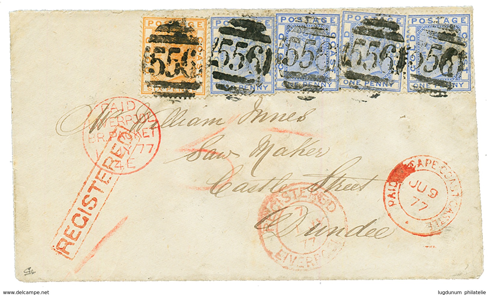 GOLD COAST : 1877 1d Blue (sg 5)x4 + 6d Orange (sg 8) Canc. 556 PAID AT CAPE COAST CASTLE On REGISTERED Envelope To DUND - Goldküste (...-1957)