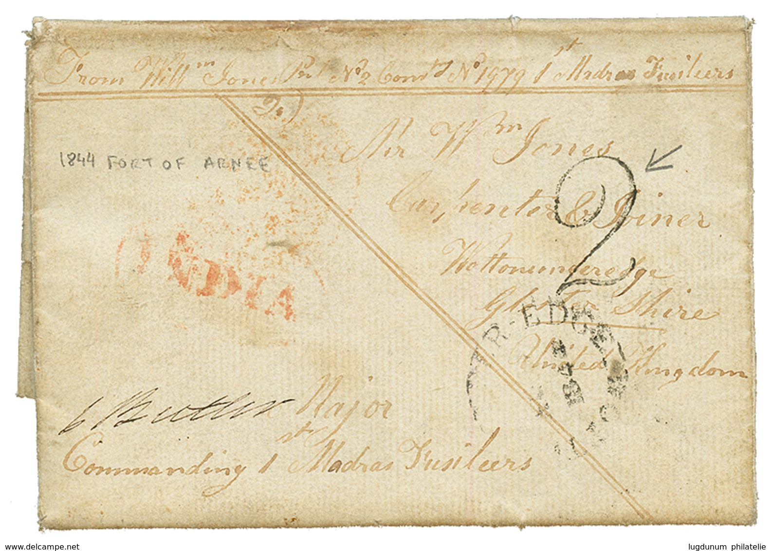 INDIA : 1844 "2" Tax Marking On SOLDIER'S Letter Datelined "FORT Of ARNEE" To GREAT BRITAIN. Vf. - Sonstige & Ohne Zuordnung