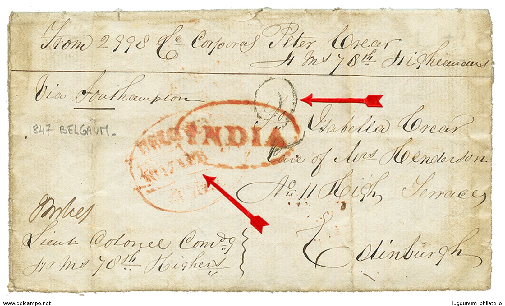 INDIA : 1847 "2" Tax Marking On SOLDIER'S Letter Datelined "BELGAUM" To SCOTLAND. Vf. - Sonstige & Ohne Zuordnung