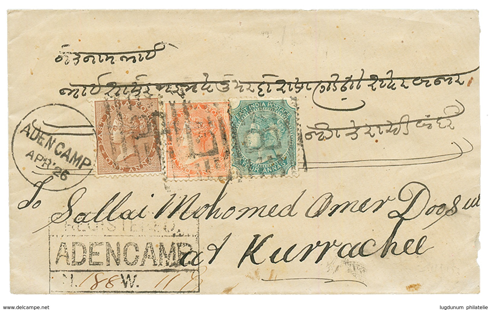 ADEN CAMP : INDIA 1a + 2a + 4a Canc. B + ADEN CAMP + Rare Boxed REGISTERED / ADEN CAMP On Envelope To KURRACHEE. Scarce. - Other & Unclassified