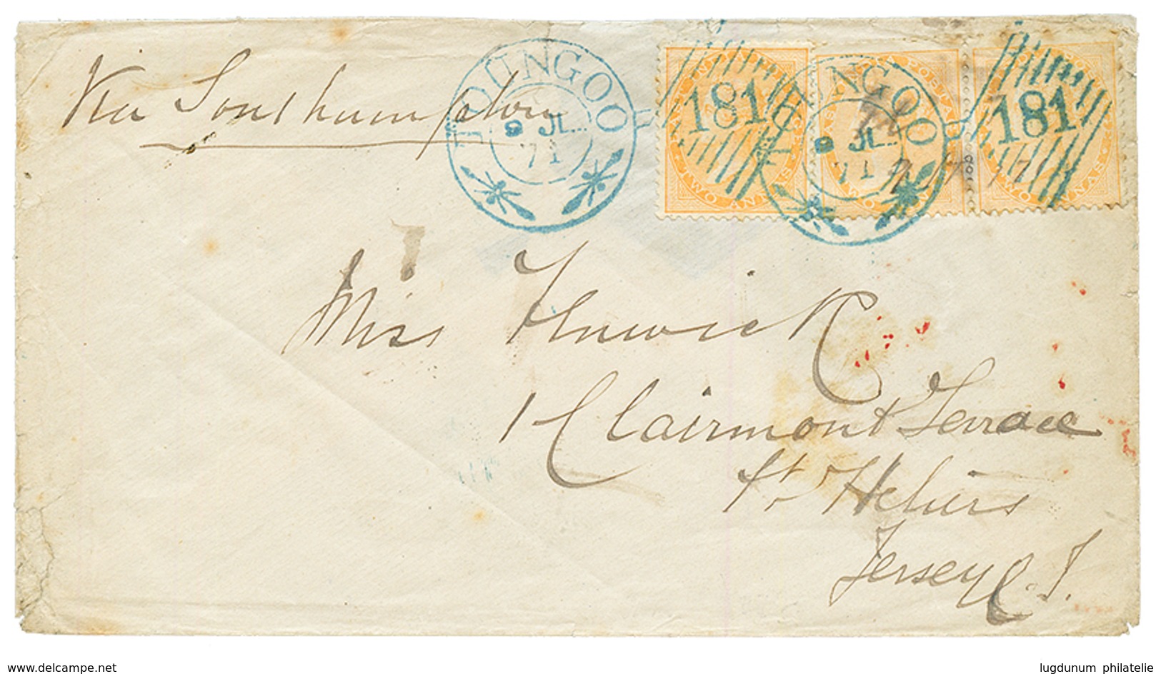 BURMA : 1871 INDIA 2a(x3) Canc. 181 + TOUNGOO On Enveloppe To JERSEY. Rare So Nice. Vvf. - Sonstige & Ohne Zuordnung