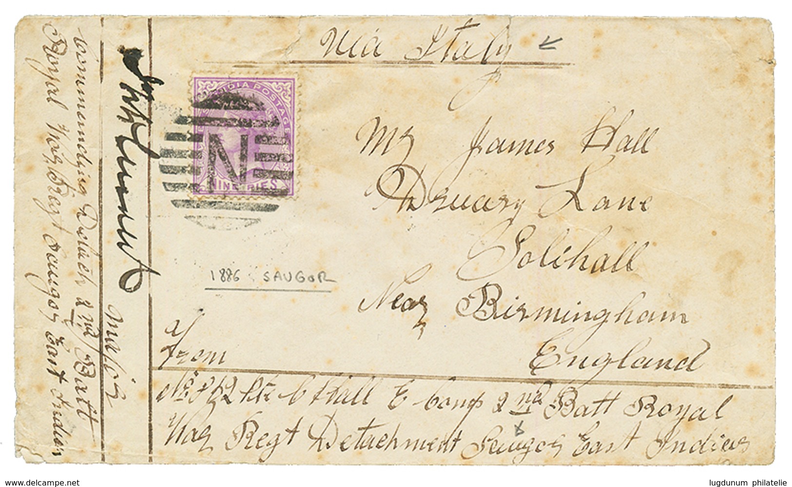 INDIA : 1886 9p Canc. On SOLDIER'S Envelope From SAUGOR Sent VIA ITALY To ENGLAND. Vf. - Autres & Non Classés