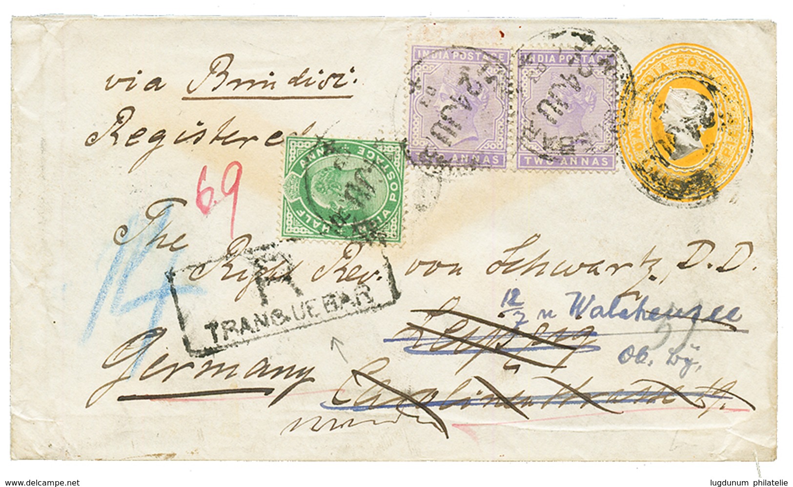 TRANQUEBAR : 1903 P./Stat 2a 6p + 1/2a + 2a(x2) Canc. TRANQUEBAR Sent REGISTERED To GERMANY. Scarce (ex. DANISH SETTLEME - Autres & Non Classés