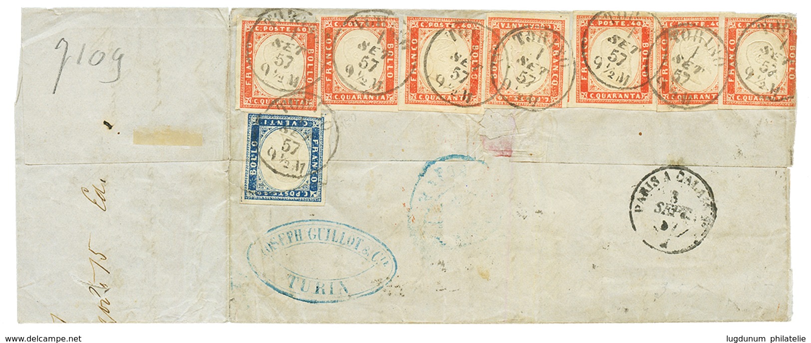 SARDINIA : 1857 20c + 40c (x7) Canc. TORINO On Reverse Of Of Cover To LIMA (PERU). Some Faults But Very Rare Franking. V - Non Classés