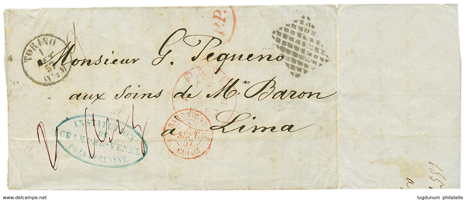 SARDINIA : 1857 20c + 40c (x7) Canc. TORINO On Reverse Of Of Cover To LIMA (PERU). Some Faults But Very Rare Franking. V - Non Classés