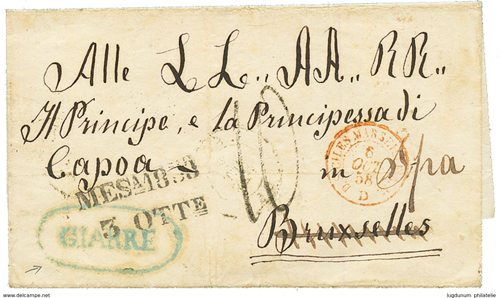 SICILY : 1858 GIARE In Blue + "10" Tax Marking On Cover Via MESSINA To BELGIUM. Scarce. Vvf. - Ohne Zuordnung