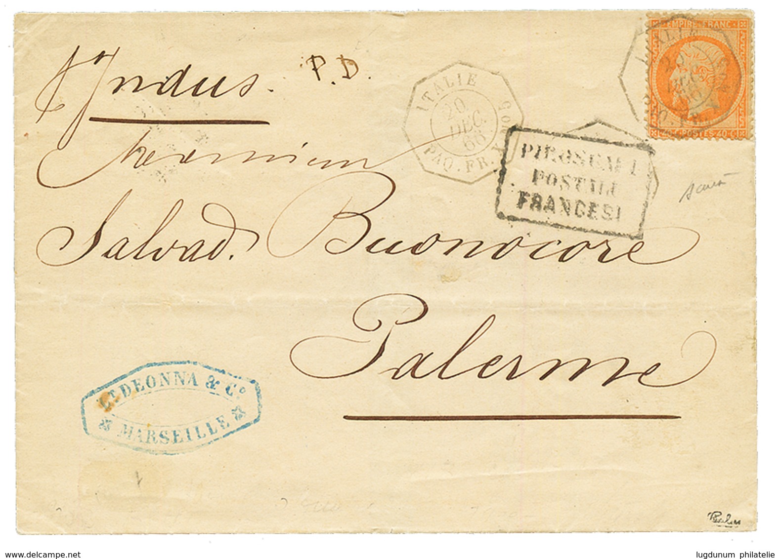 1863 FRANCE 40c Canc. ITALIE PAQ FR X N°5 On Cover To PALERMO (SICILY). Signed CALVES. Vf. - Ohne Zuordnung