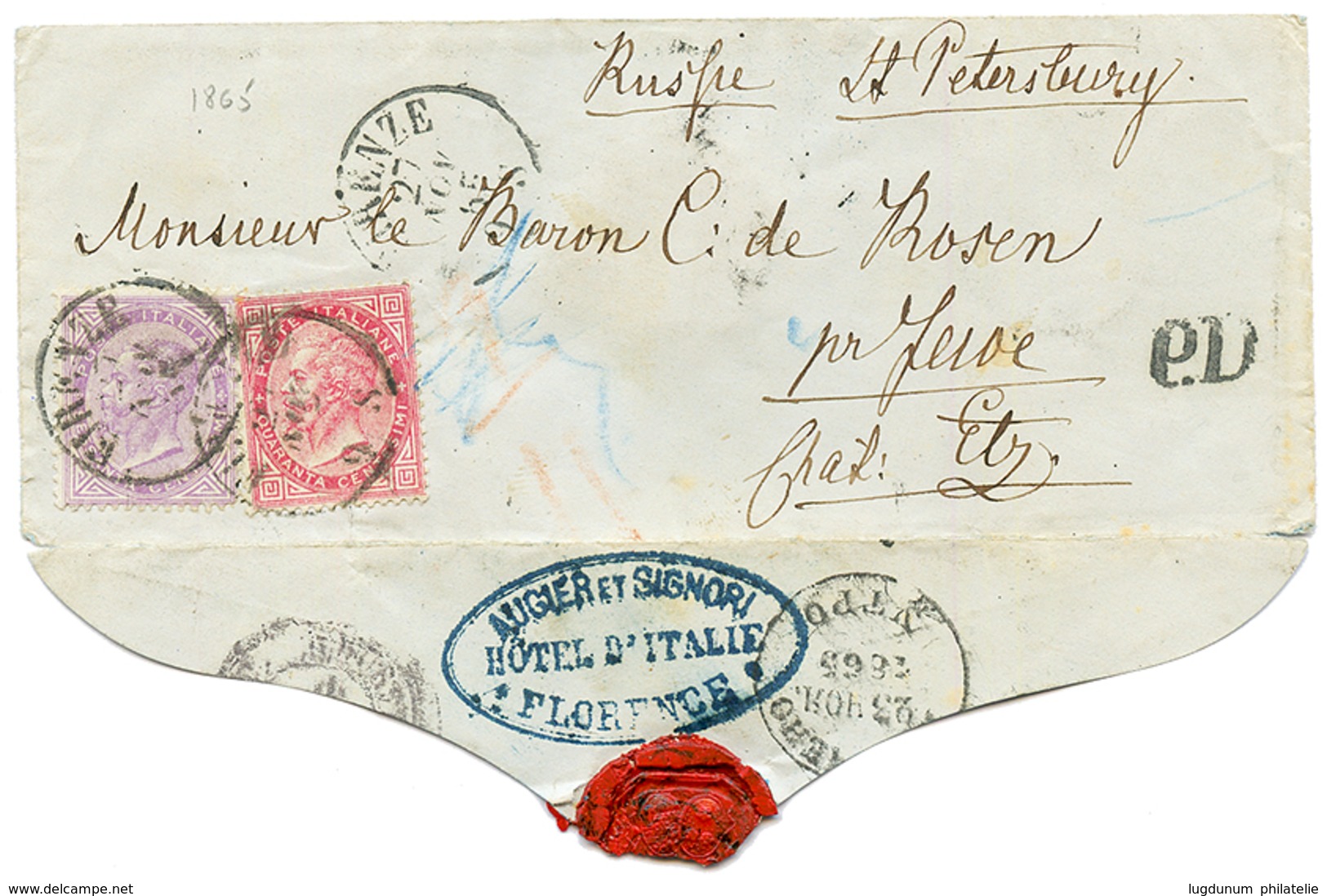 1865 40c + 60c Canc. FIRENZE On Envelope To ST PETERSBURG (RUSSIA). Vvf. - Non Classés
