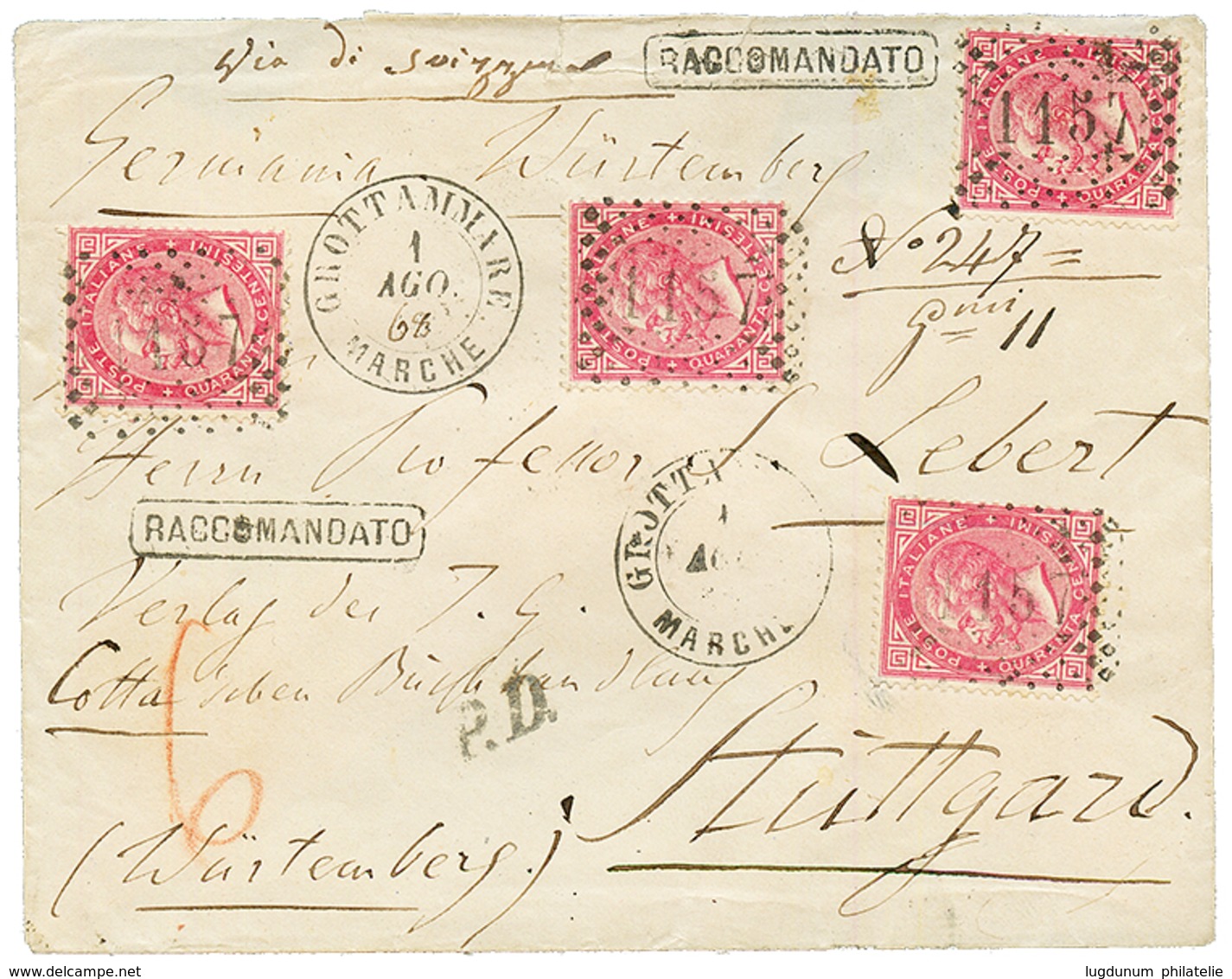 1868 40c (x4) Canc. 1157 + GROTTAMMARE MARCHE On REGISTERED Envelope To STUTTGART (WURTTEMBERG). Vvf. - Ohne Zuordnung