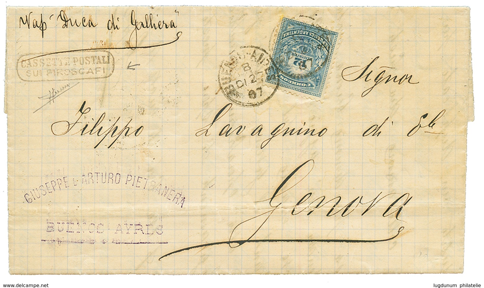 ITALY - SHIPMAIL : 1887 ARGENTINA 12c Canc. BUENOS-AIRES + Extremely Scarce Boxed Cachet CASSETTE POSTALI / SUI PIROSCAF - Non Classés