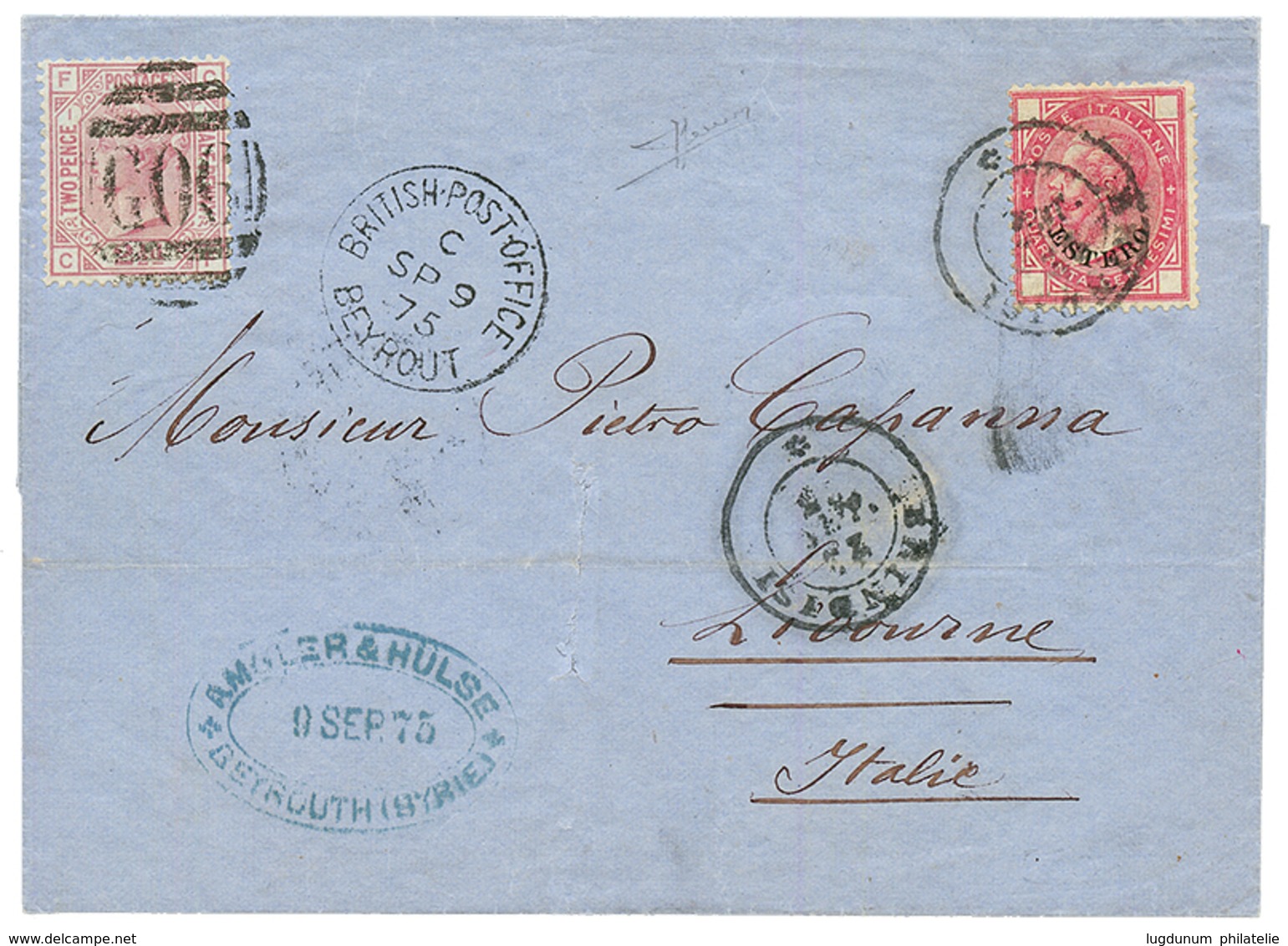 1875 GB 2 1/2d Canc. G06 + BRITISH POST OFFICE BEYROUTH + ITALY 40c ESTERO Canc. BRINDISI On Cover From BEYROUTH SYRIA T - Unclassified