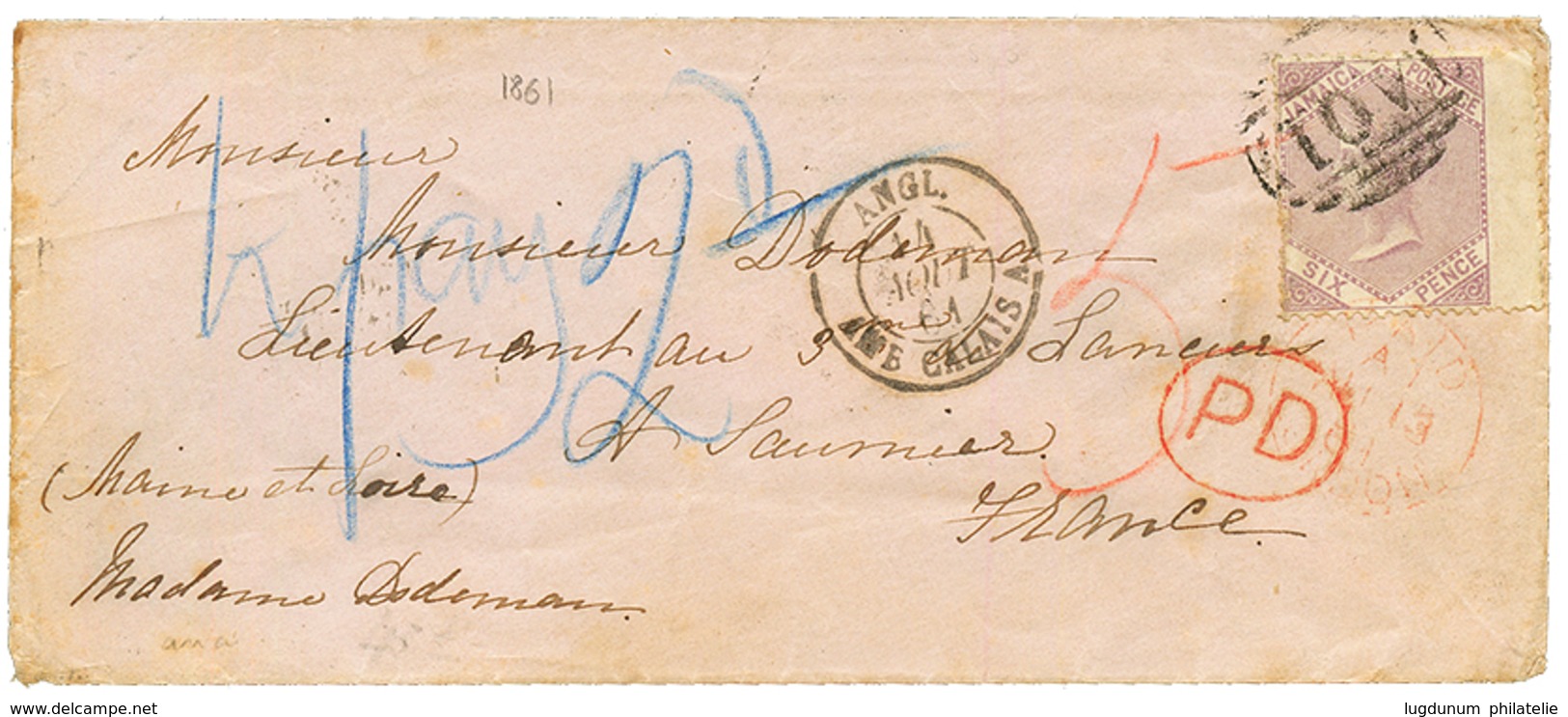 JAMAICA : 1861 6d Canc. A01 + Tax Marking On Envelope From KINGSTON To FRANCE. Vvf. - Jamaica (...-1961)