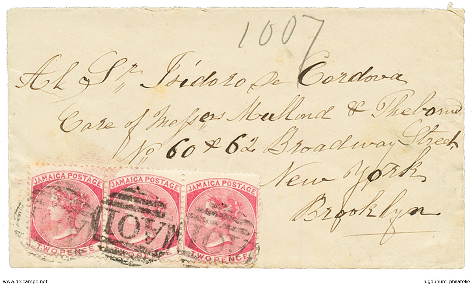 JAMAICA : 1878 2d (x3) Canc. A01 On Envelope From KINGSTON To NEW YORK (USA). Vvf. - Jamaica (...-1961)