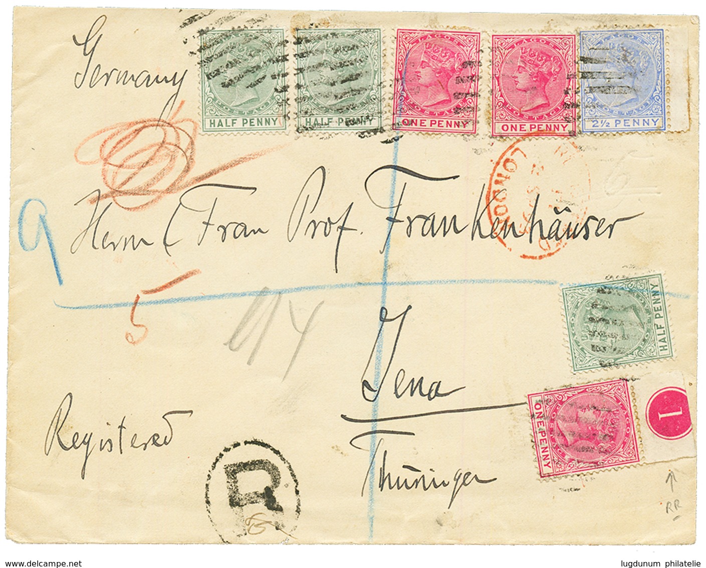 LAGOS : 1893 1/2d (x3) + 1d (x3) + 2 1/2d On REGISTERED Envelope From LAGOS To GERMANY. Rare 3 Color Franking. Vf. - Sonstige & Ohne Zuordnung