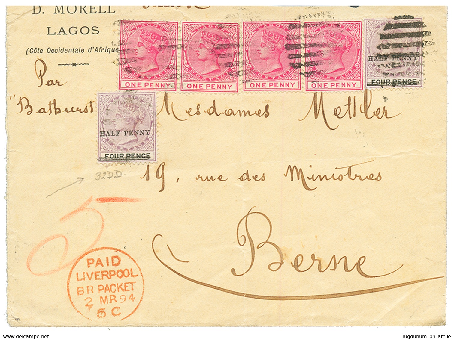 LAGOS : 1894 1d (x4) + Provisional HALF PENNY On 4d (x2) Canc. On Envelope From LAGOS To SWITZERLAND. RARE. Vf. - Sonstige & Ohne Zuordnung
