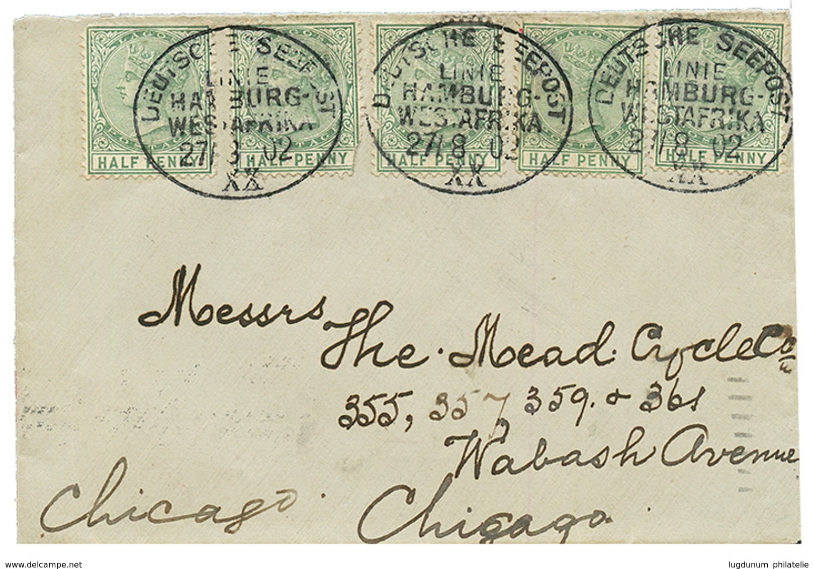 LAGOS : 1902 1/2d (x5) Canc. DEUTSCHE SEPOST / LINIE HAMBURG WEST-AFRIKA/ XX On Envelope To CHICAGO (USA). 1 Stamp With  - Sonstige & Ohne Zuordnung