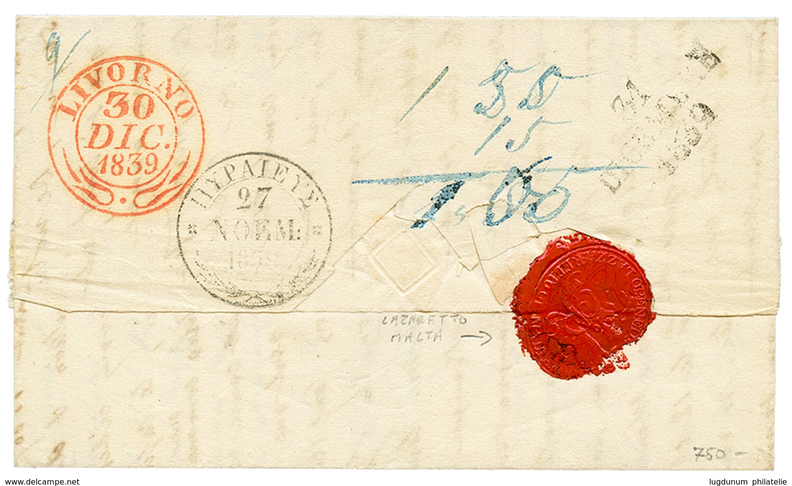 "OPENED & RESEALED MALTA" 1839 Rare DISDINFECTED WAX Seal OPENED & RESEALED LAZARETTO MALTA On Reverse Of Entire Letter  - Malta