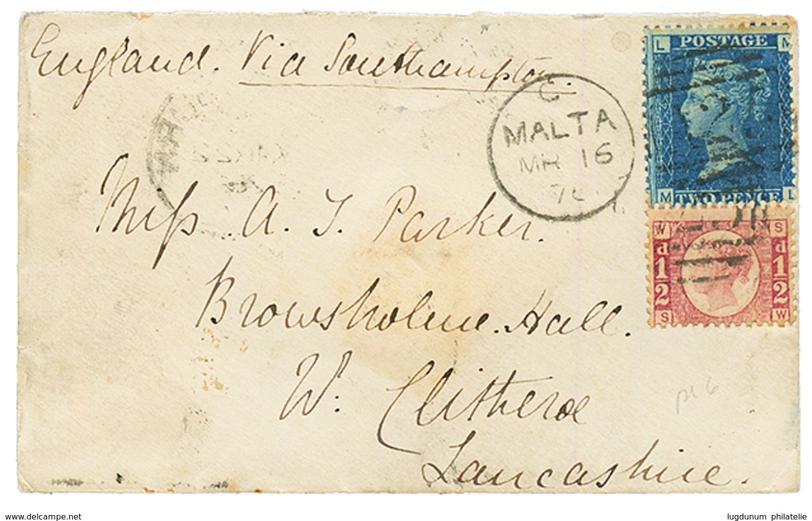 1876 1 / 2d + 2d Canc. A25 + MALTA On Envelope To ENGLAND. Vvf. - Malta