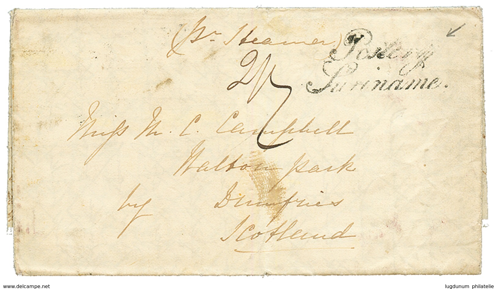 SURINAME : 1842 Cachet POST. SURINAME On Entire Letter Datelined "PARAMARIBO" To SCOTLAND. RARE. Vf. - Suriname ... - 1975