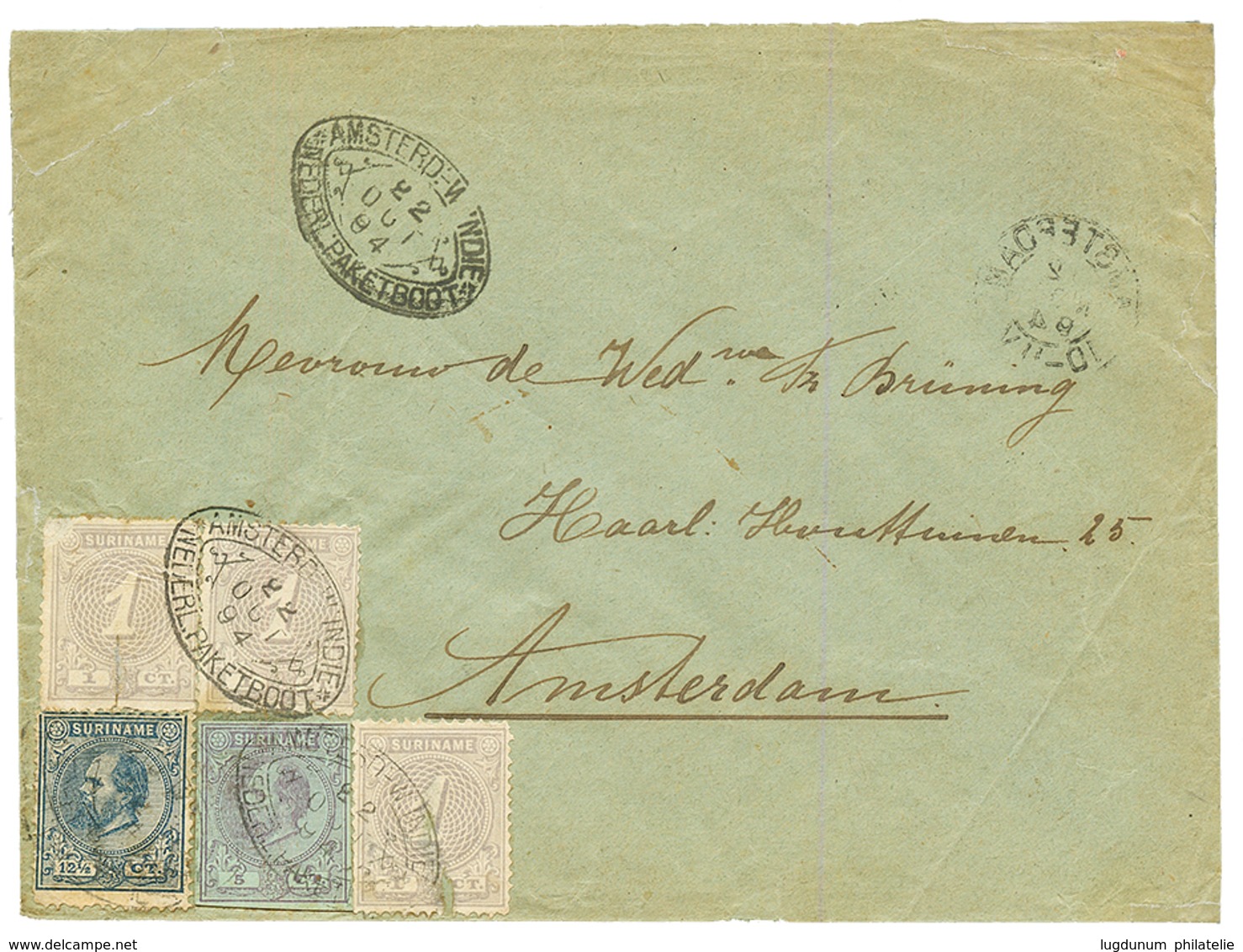SURINAME : 1894 1cx3(1 Stamp With Fault) + 12 1/2c + 5c Unperf (Postal Stationery Cut !) Canc. NEDERL. PAKETBOOT On Cove - Suriname ... - 1975