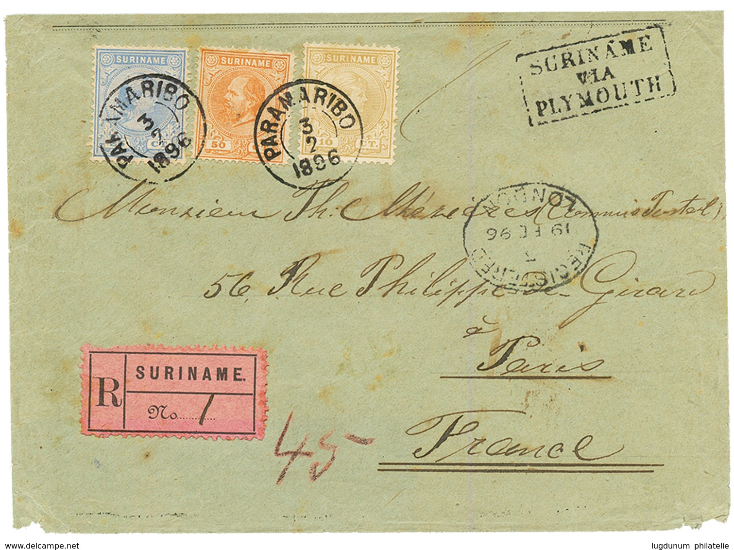 SURINAME : 1896 10c + 25c + 50c Canc. PARAMARIBO + SURINE VIA PLYMOUTH On REGISTERED Cover To FRANCE. Vvf. - Suriname ... - 1975