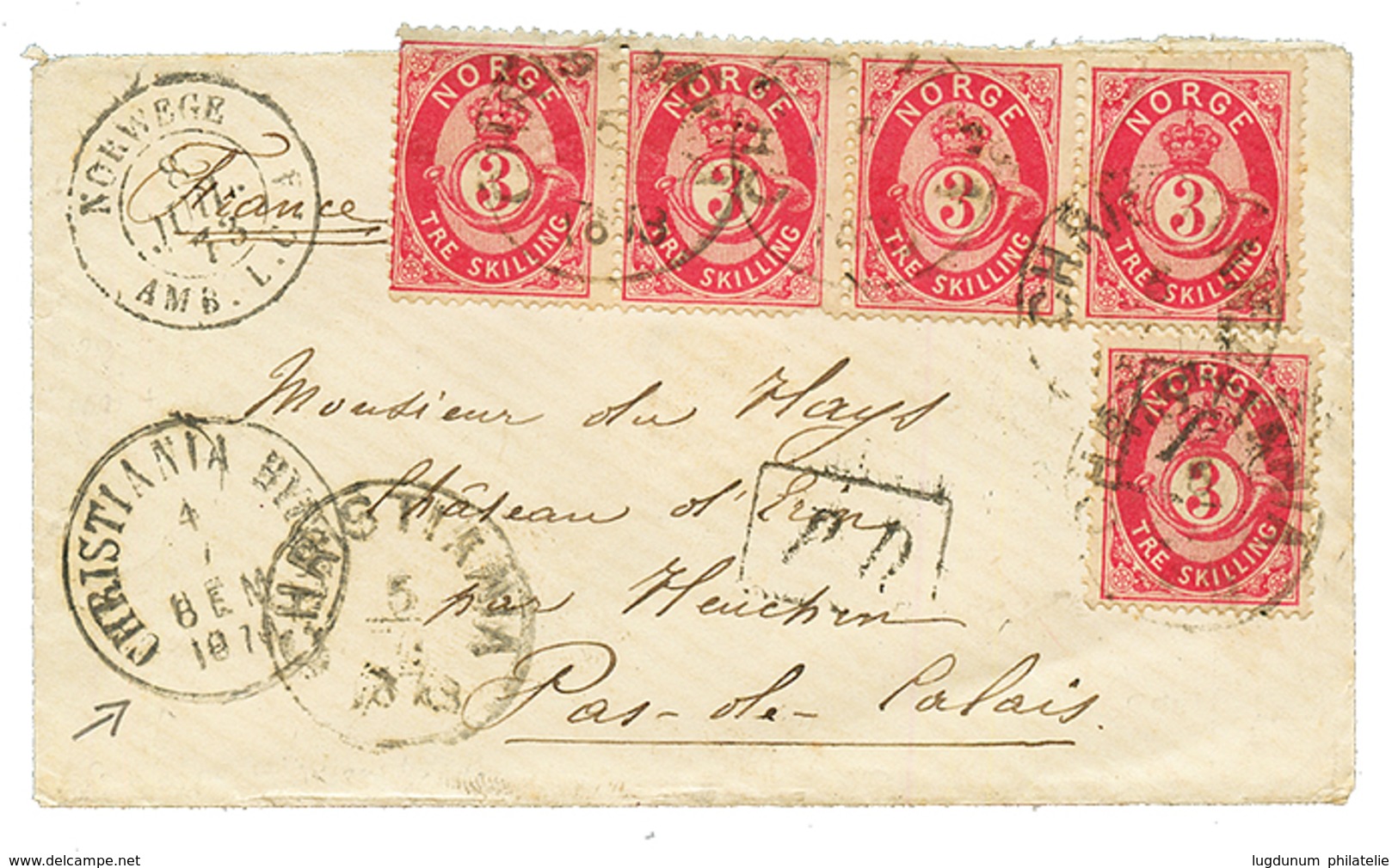 NORWAY - LOCAL POST : 1873 3 SKILLING (x5) , Light Fault On 2 Stamps Canc. CHRISTIANIA + CHRISTIANIA BY POST + French T. - Sonstige & Ohne Zuordnung