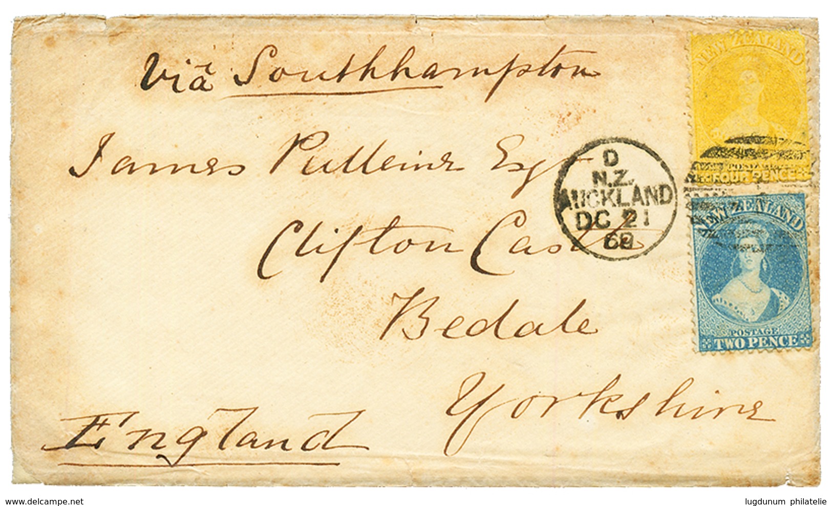 NEW ZEALAND : 1869 2d Blue + 4d Yellow Canc. On Envelope To ENGLAND. R.P.S Certificate (2006). Ex. Collection HACKMEY. V - Sonstige & Ohne Zuordnung