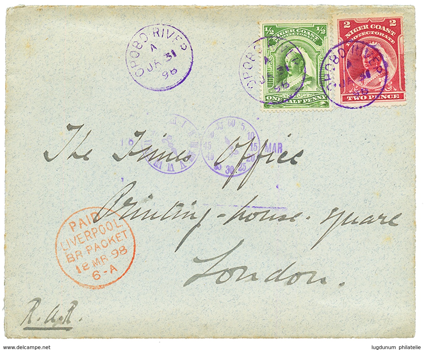 "OPOBO RIVER" : 1898 NIGER COAST 1d/2 + 2d Canc. OPOBO-RIVER In Violet On Envelope To ENGLAND. RARE. Superb. - Sonstige & Ohne Zuordnung