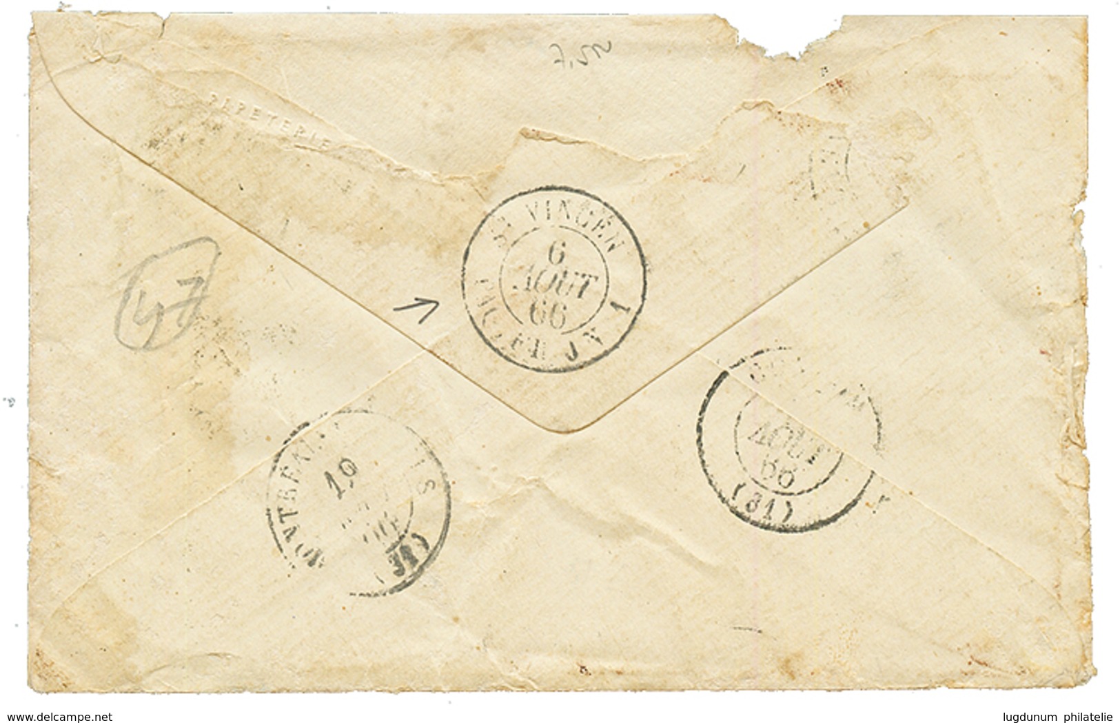 "CAP VERT - Unique ST VINCENT PAQ. FR.J Maritime Cachet" : 1866 FRANCE 40c (x2) Canc. ANCHOR + ST VINCENT PAQ FR. J N°2  - Other & Unclassified