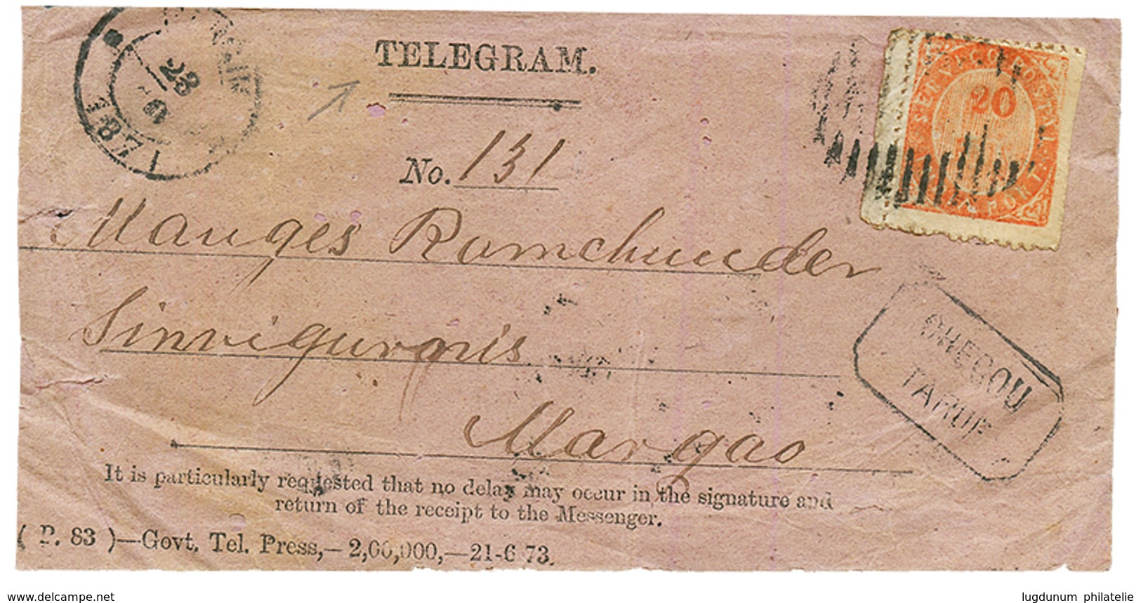 PORTUGUESE INDIA - TELEGRAM : 1871 20R Canc. On TELEGRAM Envelope From PANGIN To MARGAO. TELEGRAM From PORTUGUESE INDIA  - Other & Unclassified