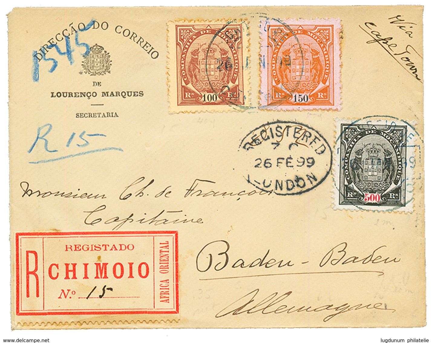 MOZAMBIQUE : 1899 100r + 150r + 500r On REGISTERED Envelope From CHIMOIO To GERMANY. RARE. Vvf. - Sonstige & Ohne Zuordnung